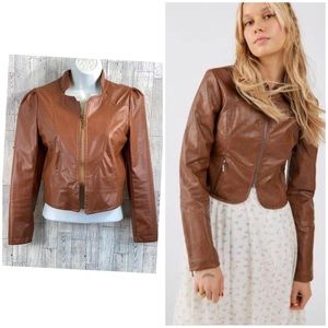 Faux Leather Cropped Jacket in Brown